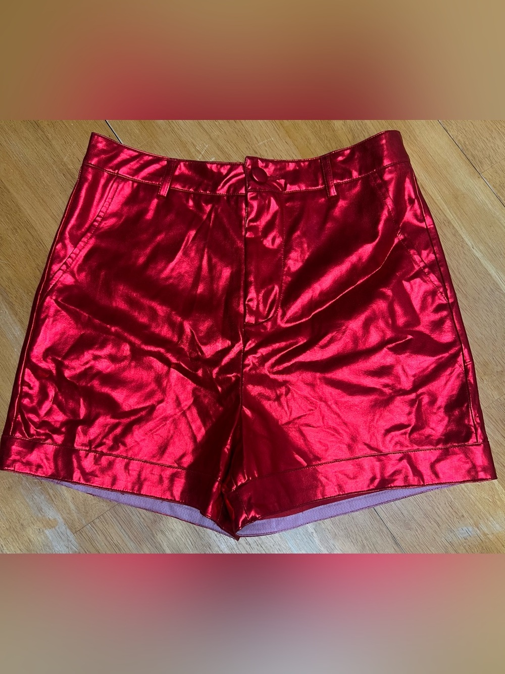 blue b. Collection Metallic Red Faux Leather High Waisted Shorts, size Medium.